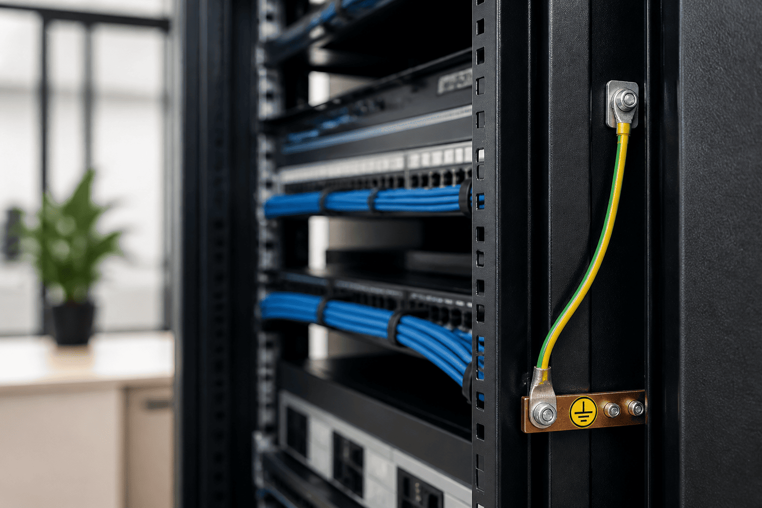 RADA Networks serverkast en patch kast met zichtbare aardingskabel en aardingsrail — serverkast, patch kast