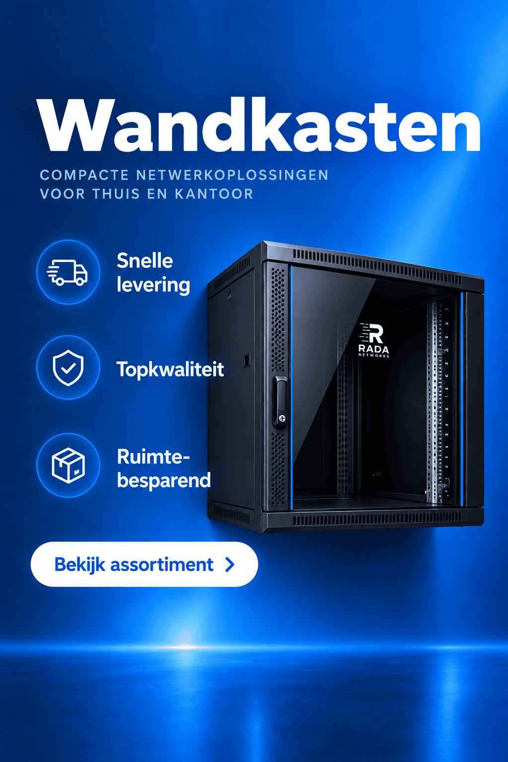 RADA Networks serverkast, patch kast in een blauwe advertentie met een open kast en tekst over snelle levering
