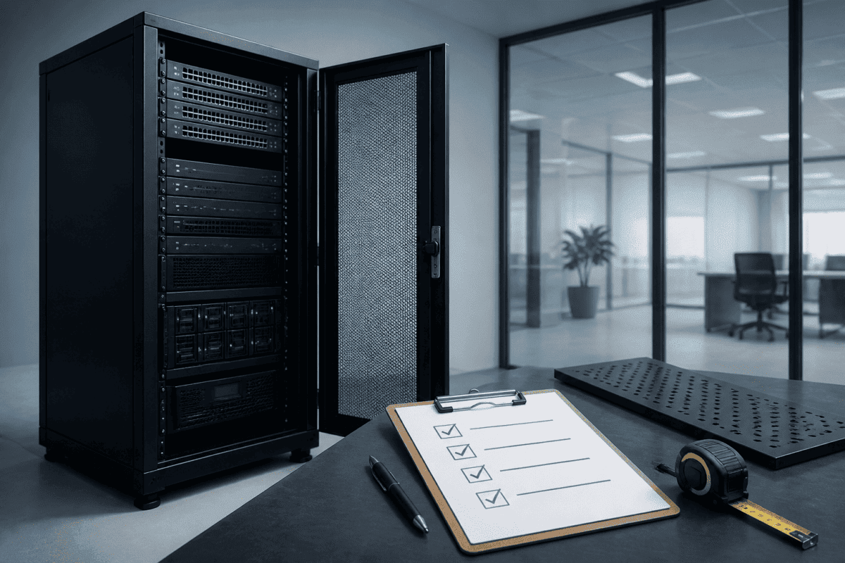 RADA Networks serverkast en patch kast met checklist in een modern kantoor — serverkast, patch kast