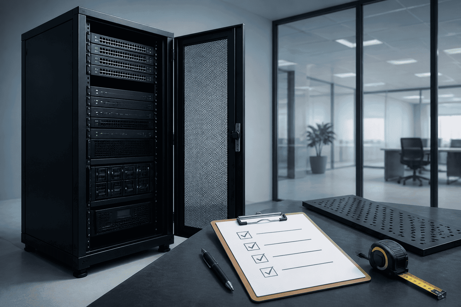 RADA Networks serverkast en patch kast met checklist in een modern kantoor — serverkast, patch kast