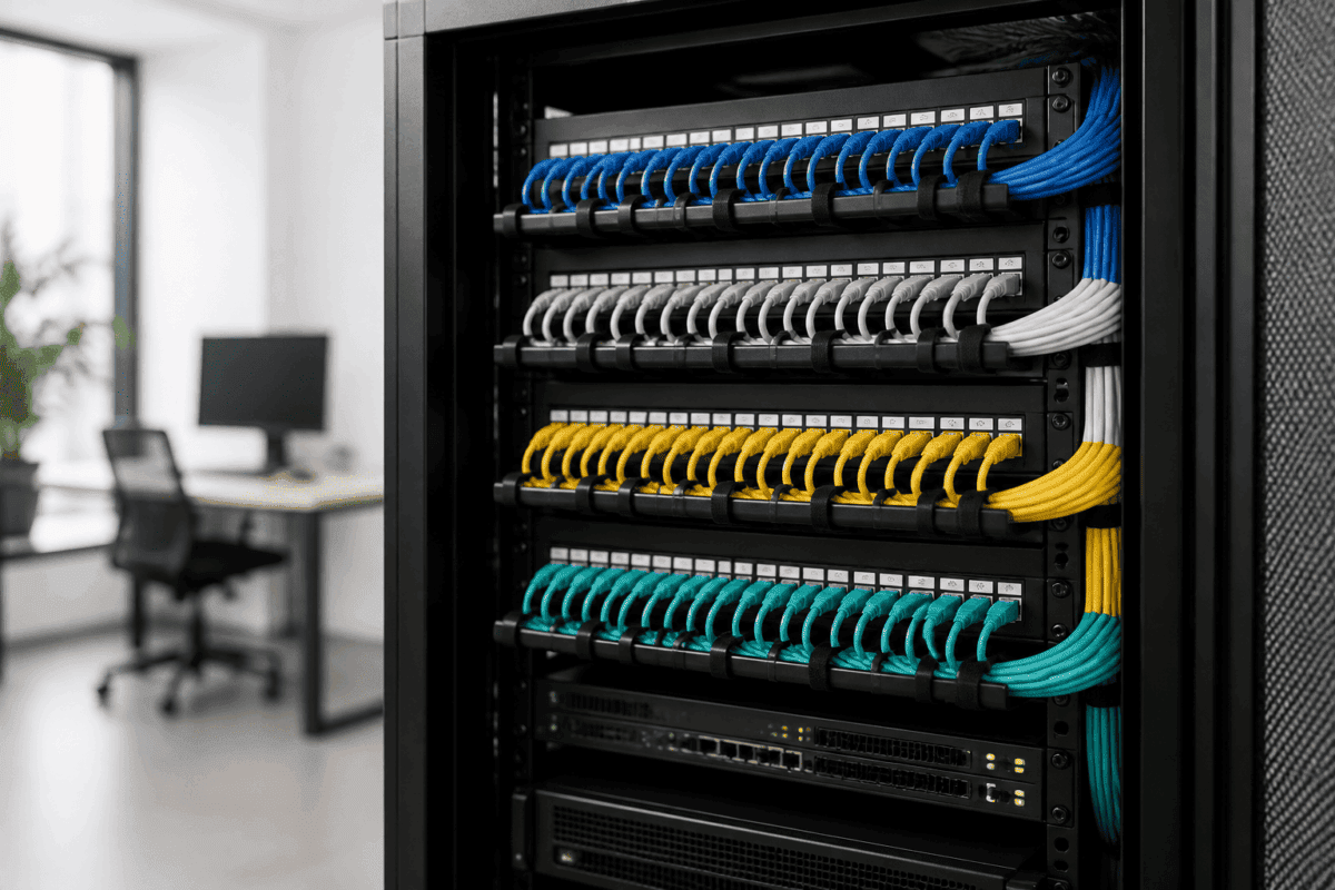 RADA Networks serverkast, patch kast met geordende blauwe, witte, gele en turquoise netwerkkabels
