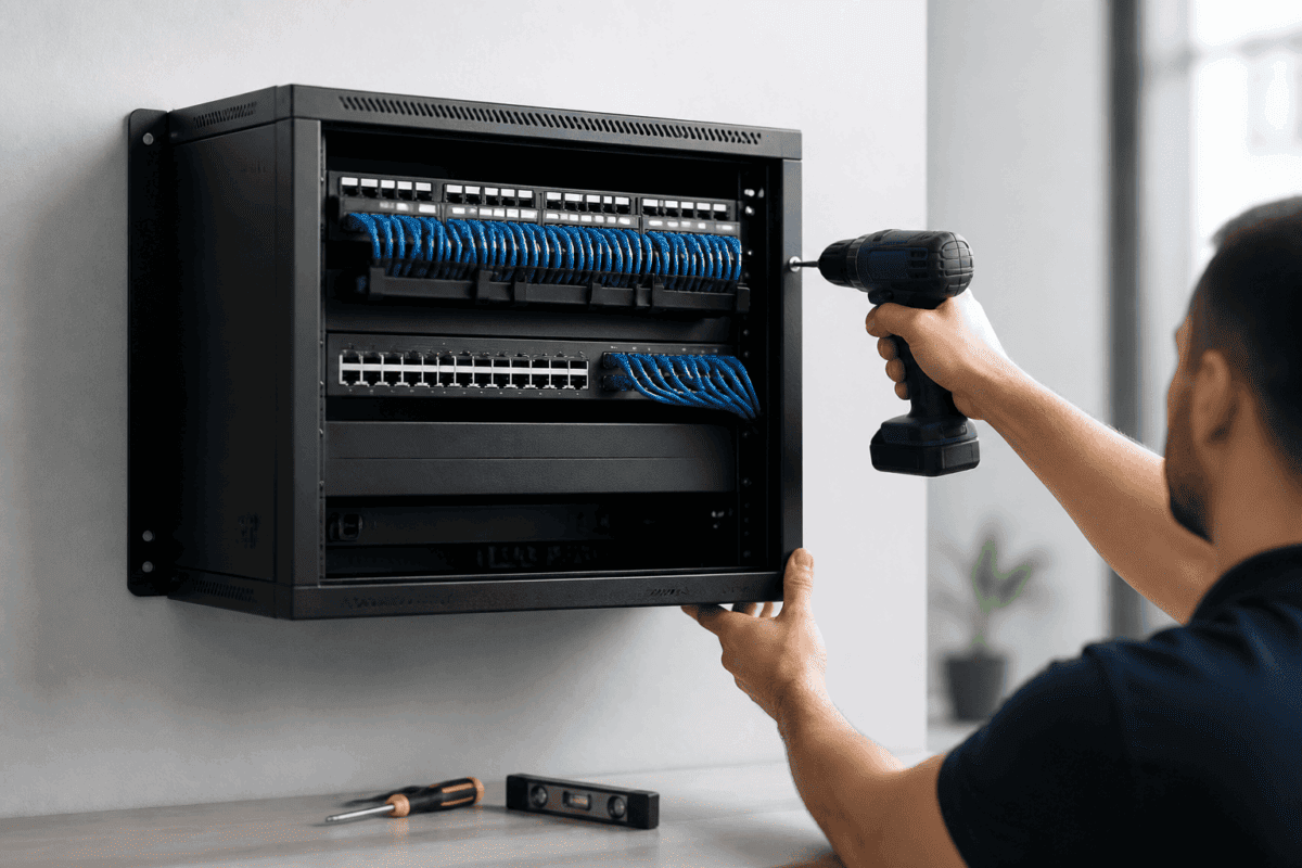 RADA Networks serverkast en patch kast met blauwe kabels tijdens wandmontage — serverkast, patch kast