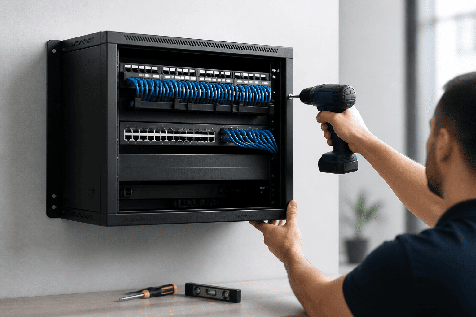 RADA Networks serverkast en patch kast met blauwe kabels tijdens wandmontage — serverkast, patch kast
