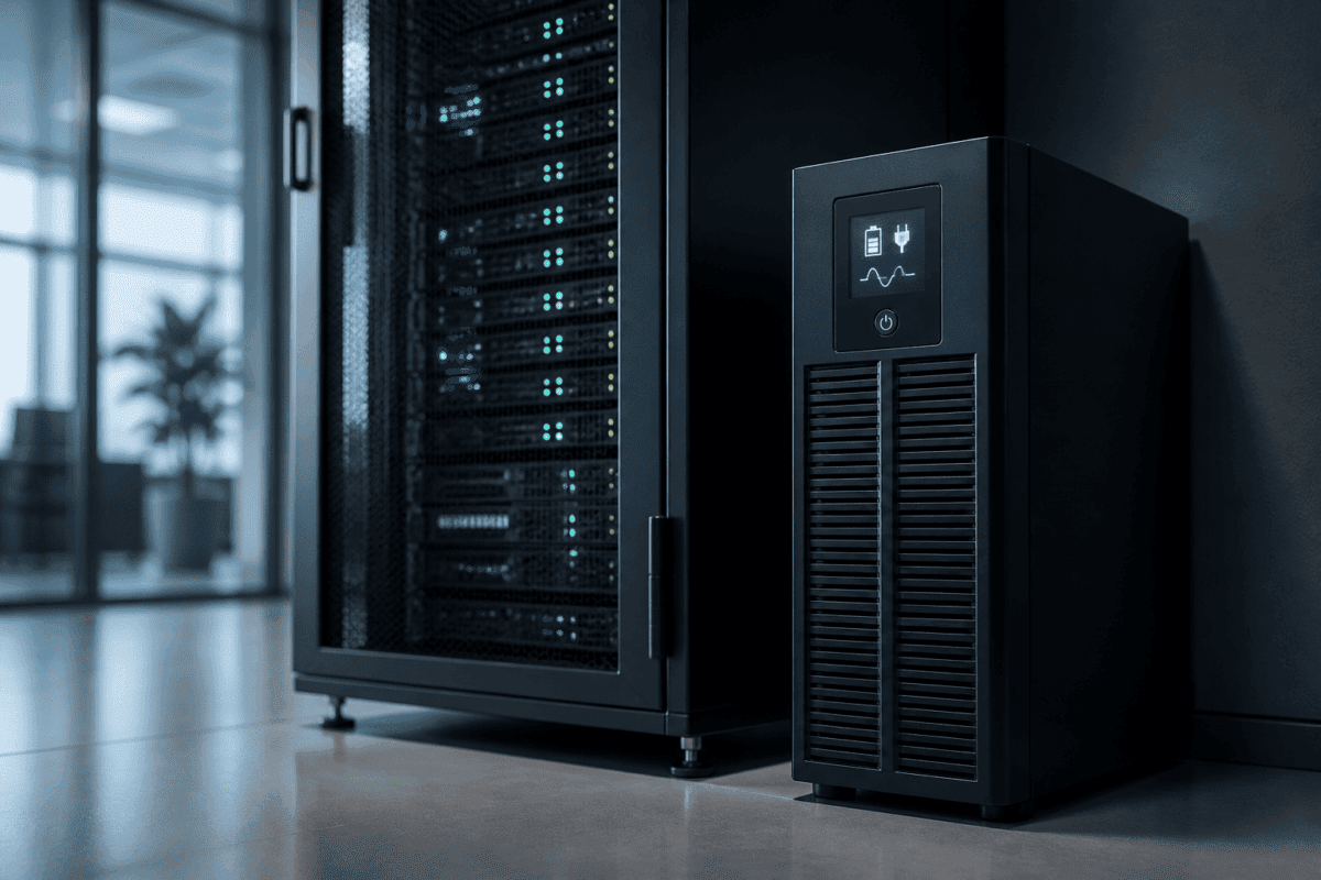 RADA Networks UPS naast een serverkast en patch kast met netwerkapparatuur — serverkast, patch kast