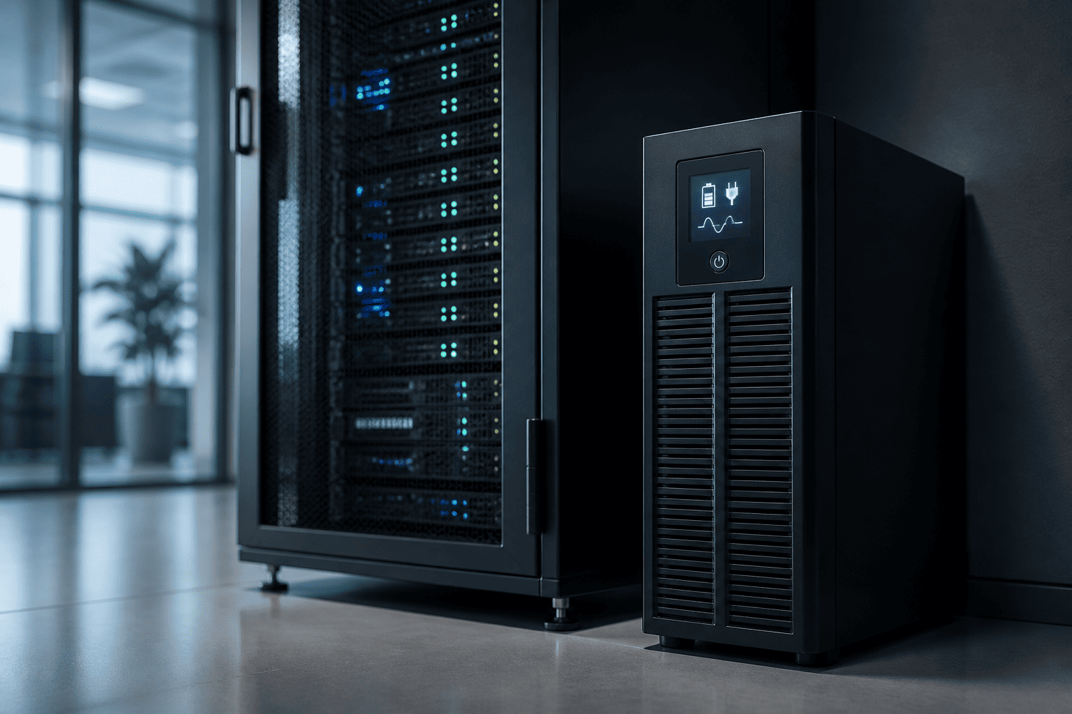 RADA Networks UPS naast een serverkast en patch kast met netwerkapparatuur — serverkast, patch kast