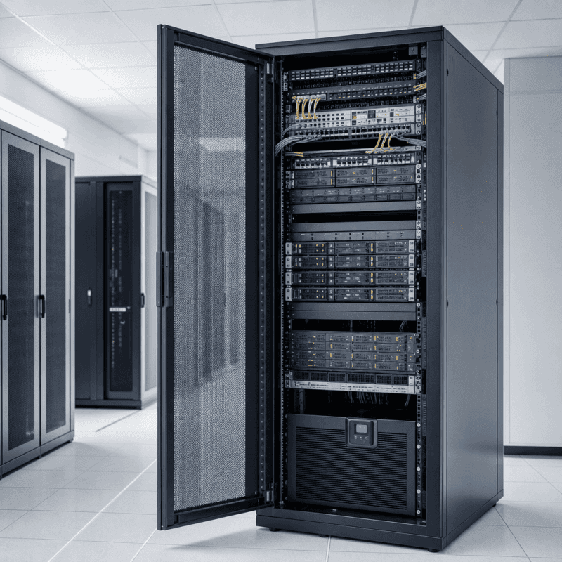 Open 19-inch serverkast met servers, switches en geordende bekabeling