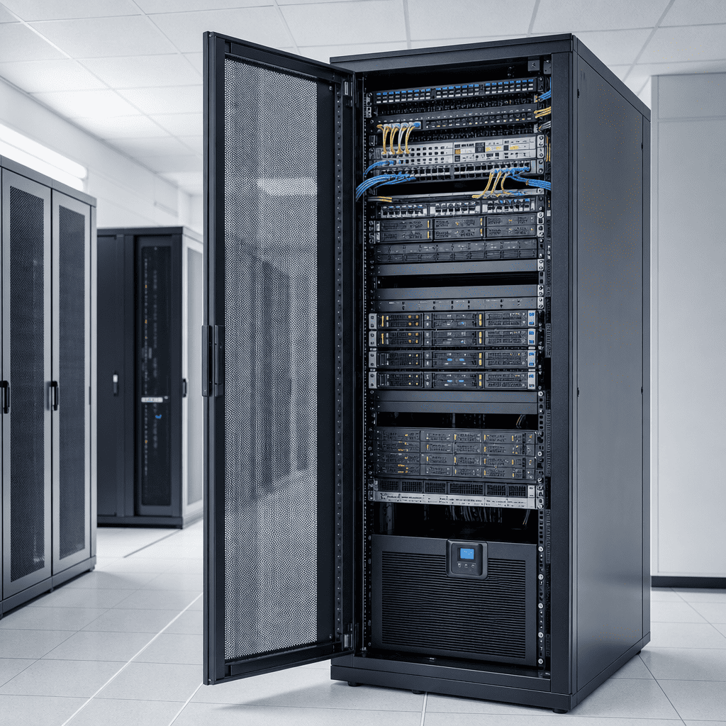 Open 19-inch serverkast met servers, switches en geordende bekabeling